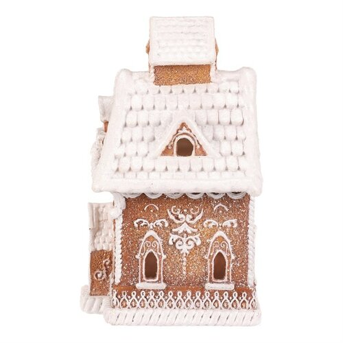 Vianočná dekorácia Perníkový domček so zasneženou strechou, polyresin, LED, hnedá