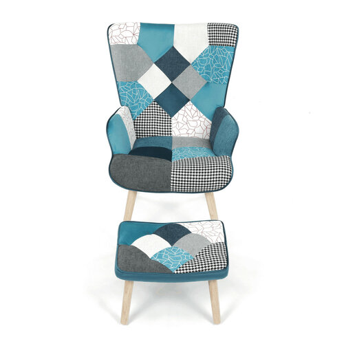 Relaxační křeslo s podnožkou PATCHWORK, modrá