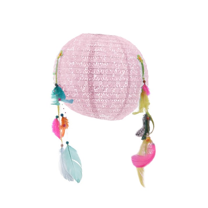 Papierový lampión s pierkami ružová, pr. 25 cm