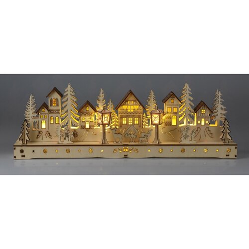 Vánoční svítící vesnička, 15 LED, 45 x 5,8 x 15 cm, přírodní, dřevo
