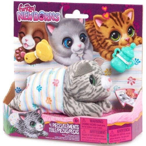 FurReal Newborns KITTY, pisicu interactivă depluș, albă/gri