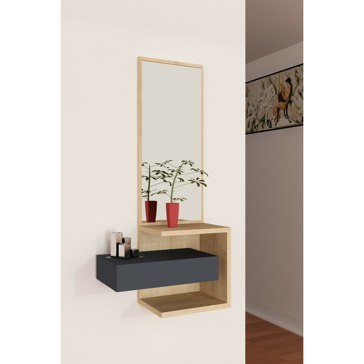 Nástenná polica so zrkadlom Stella Oak and Anthracite