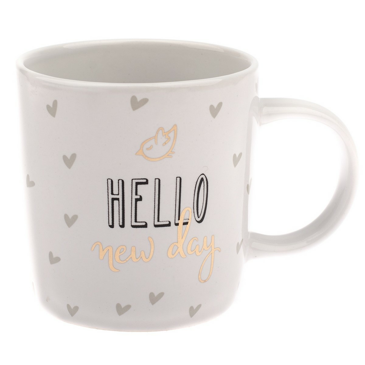 Porcelánový hrnček Hello so srdiečkami 360 ml, zltá