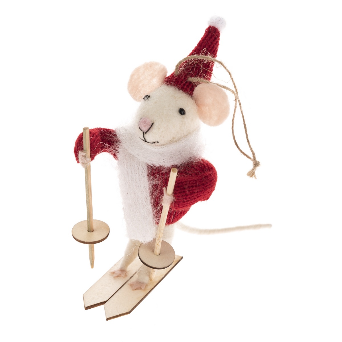 Vianočná závesná dekorácia Myška na lyžiach, 5 x 11 cm
