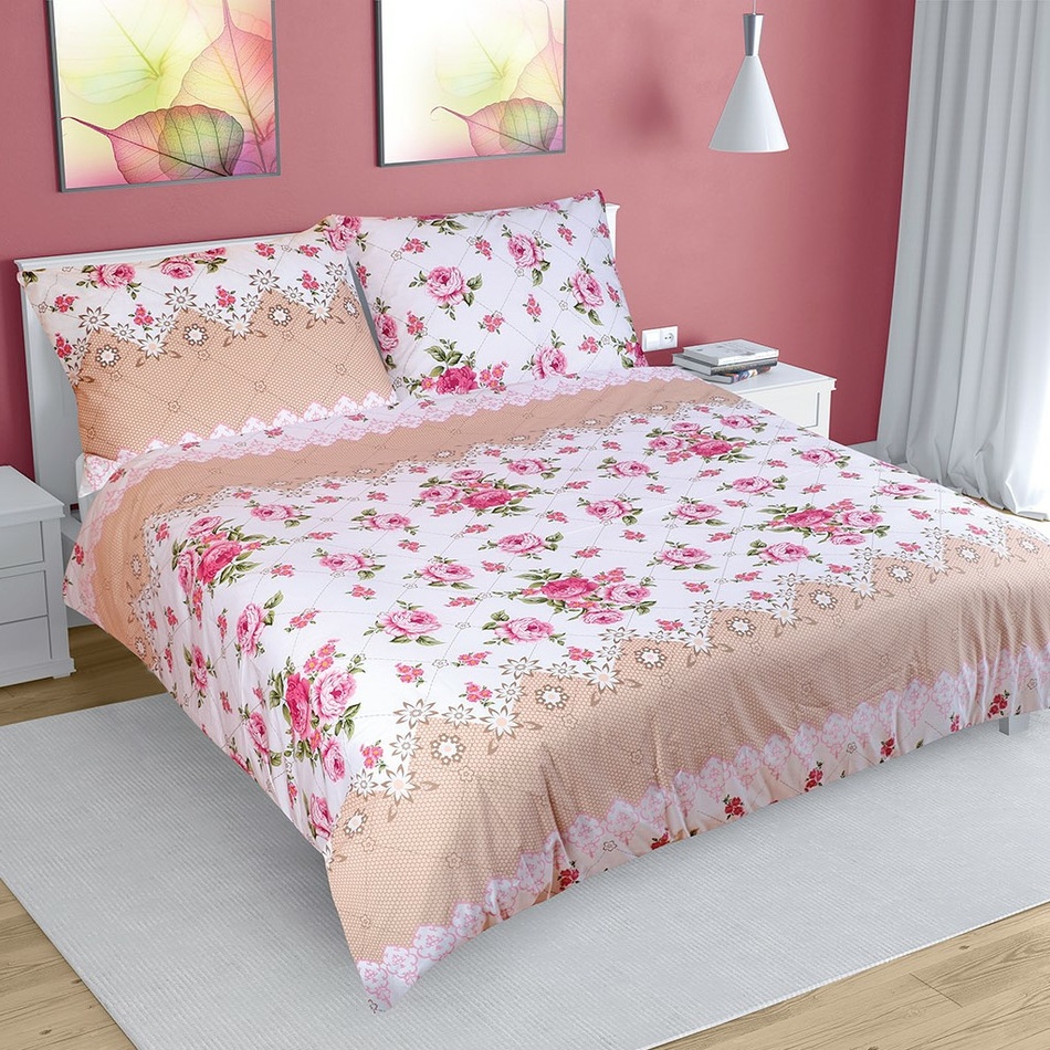 Lenjerie de pat, bumbac, Trandafir roz, 240 x 200 cm, 2 buc. 70 x 90 cm