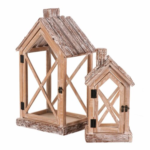 Két darab ház alakú fa lámpás szett