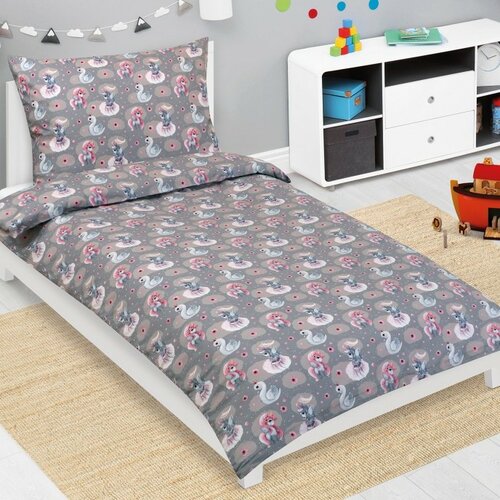 Bellatex Dziecięca pościel bawełniana Junior Jednorożec, łabędź szary, 140 x 200 cm, 70 x 90 cm