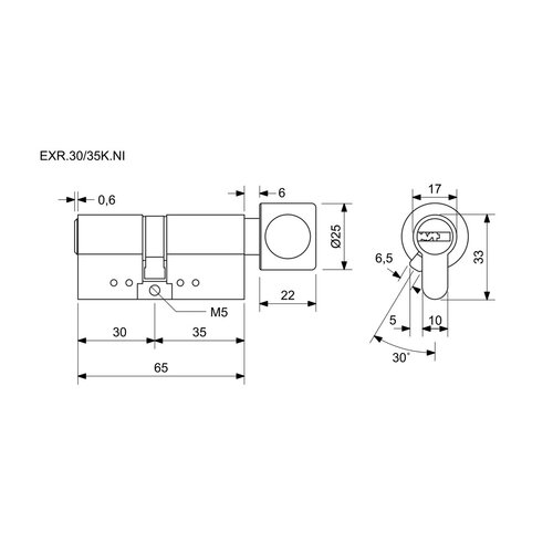 Циліндр Richter EXR.30/35K.NI з ручкою em 30+35Kмм, 6 клавіш