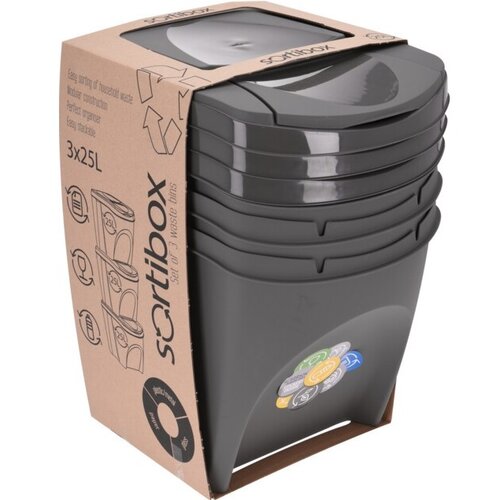 Sortierter Abfallbehälter Sortibox 25 L, 3 Stück, grau