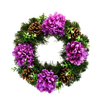Wieniec zaduszkowy ozdobiony jesiennymi kwiatami 30 cm, fioletowy