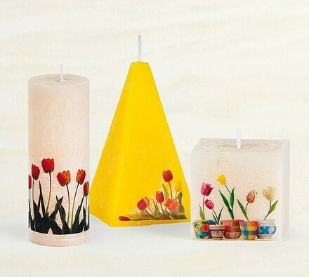 Svíčka s dekorem tulipánů - válec, bílá, 10 cm