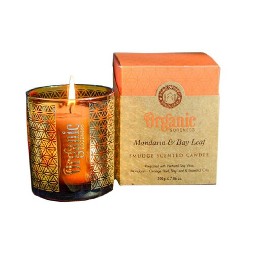 Organska kadilna sveča Mandarin &amp; Bay Leaf 200g v steklenem kozarcu z zlato folijo