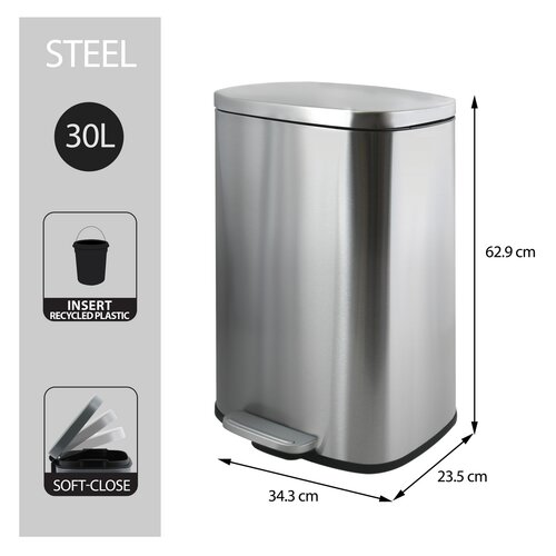 Coș de gunoi cu pedală soft-close Spirella Akira 30 l, oțel inoxidabil periat