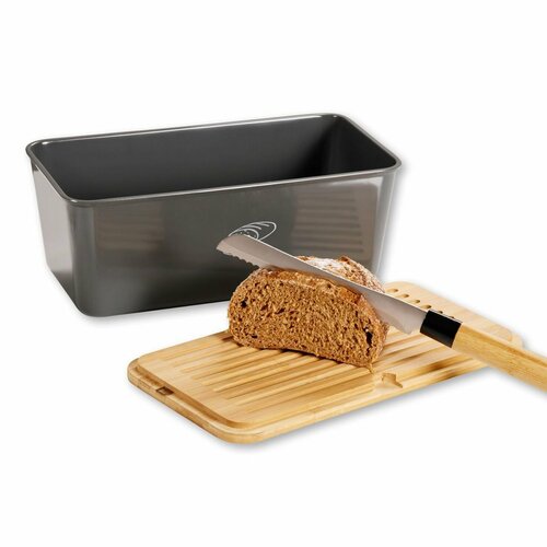 Kesper 58089 Brotkasten mit Schneidebrett, Grau, 34 x 14 x 18 cm