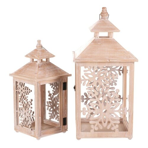 Zestaw latarni drewnianych Płatki śniegu 2 szt., naturalny