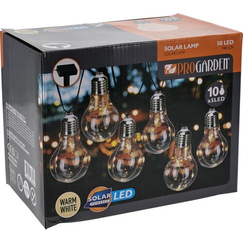 ProGarden napelemes izzólánc átlátszó, 2 m, 10 x 5 LED, meleg fehér