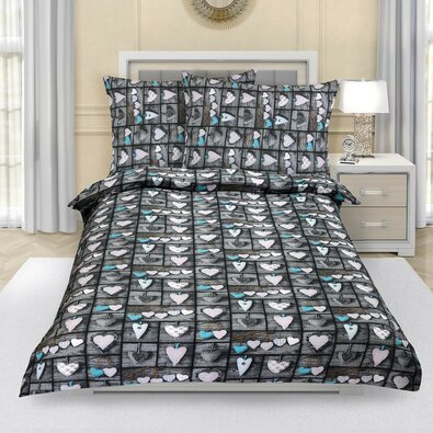 Krep posteljnina Srdce patchwork siva, 140 x 200cm, 70 x 90 cm