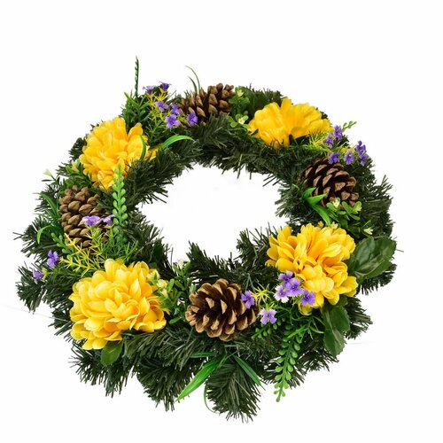 Halászcsésze koszorú sárga krizantémokkaldíszítve, 35 cm