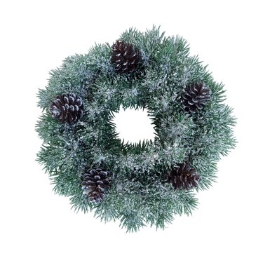 Műanyag koszorú hóval és tobozzal, hossza 28 cm
