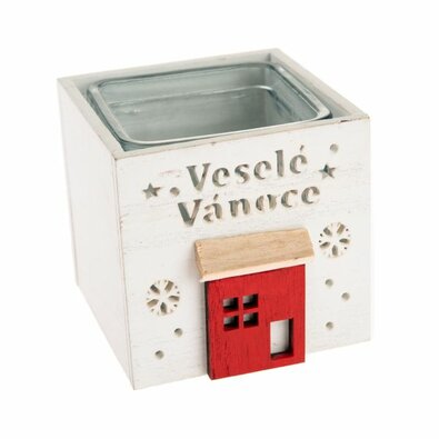 Leseni svečnik s steklenim napisom Merry Christmas, 9 x 8,5 cm, bel