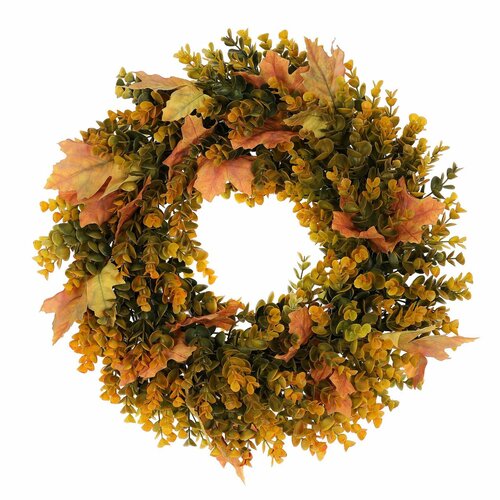 Jesienny wieniec sztuczny z liści eukaliptusa i klonu, śr. 40 cm, pomarańczowo-zielony
