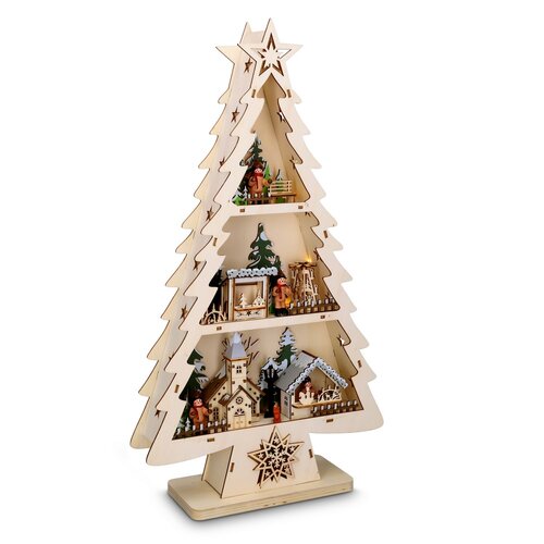 Solight LED dřevěný vánoční stromek s dekoracemi, 13x LED, 53 cm, 2x AA