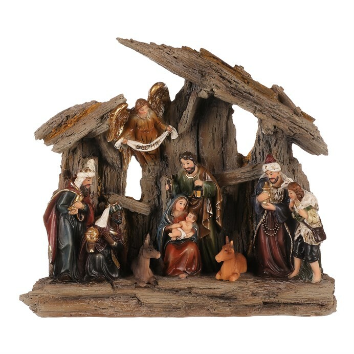 Vánoční dekorace Betlém se třemi králi a andělem, polyresin, LED, hnědá, 20x23x7cm