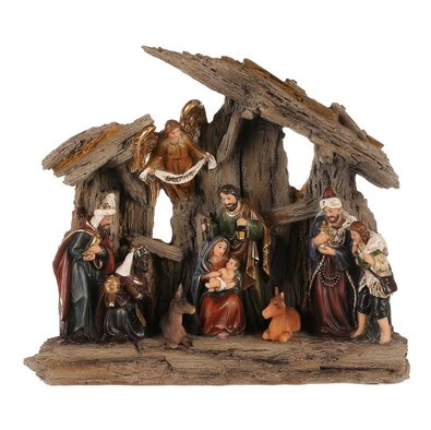 Dekoracja świąteczna Szopka z Trzema Królami i aniołem, poliresin, LED, brązowy, 20 x 23 x 7 cm