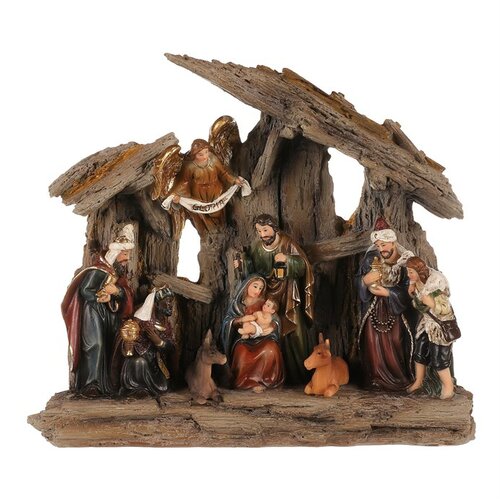 Decorație de Crăciun Betleem cu trei magi șiînger, poliresină, LED, maro, 20x23x7 cm