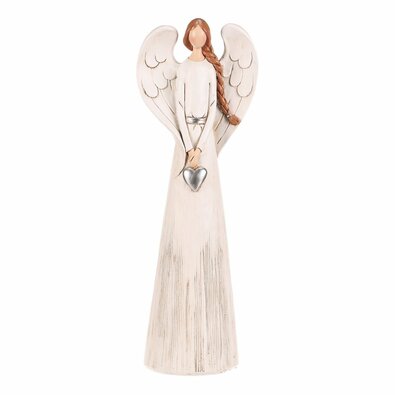 Înger din poliresină cu inimă argintie, 33 cm, bejdeschis