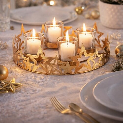 Csillagok adventi gyertyatartó, arany, fém, átmérő 25 cm
