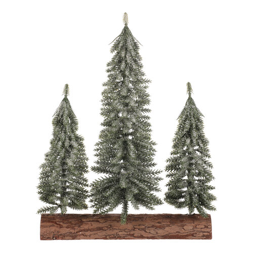 Weihnachtsdekoration „Fichten auf einem Holzscheit“ – Trio, 34 cm, mit Raureif, grün