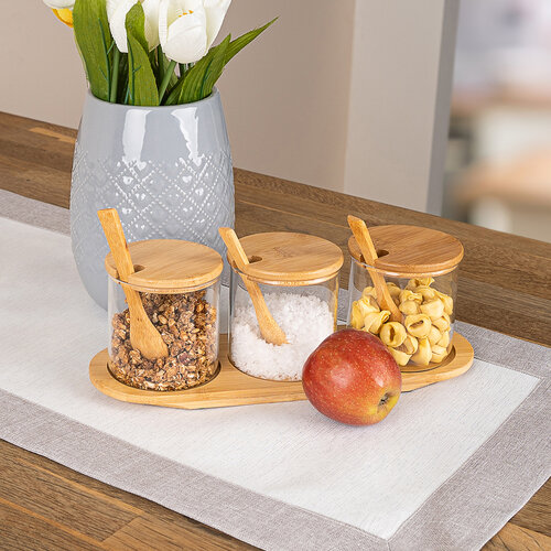 4Home Set aus Glasdosen mit Tablett und Löffeln Bamboo, 310 ml