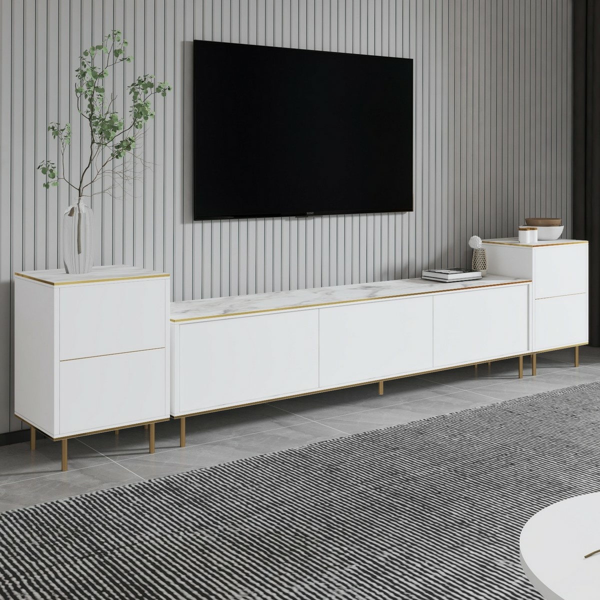 Televízny stolík so skrinkami Imej White Marble and Gold