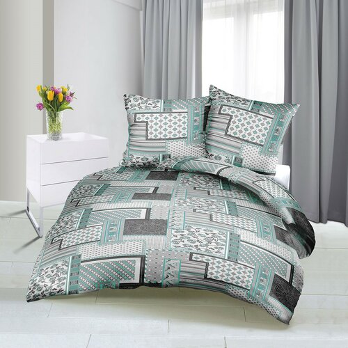 Bellatex Pościel satynowa Patchwork turkusowy, 140 x 220 cm, 70 x 90 cm