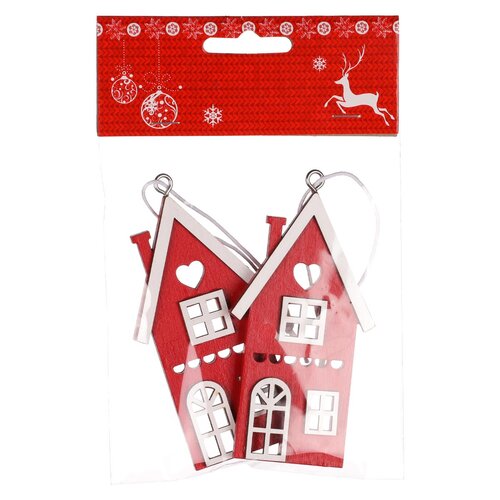 Drewniany domek wiszący, czerwony, wys. 9 cm, zestaw 4 szt.