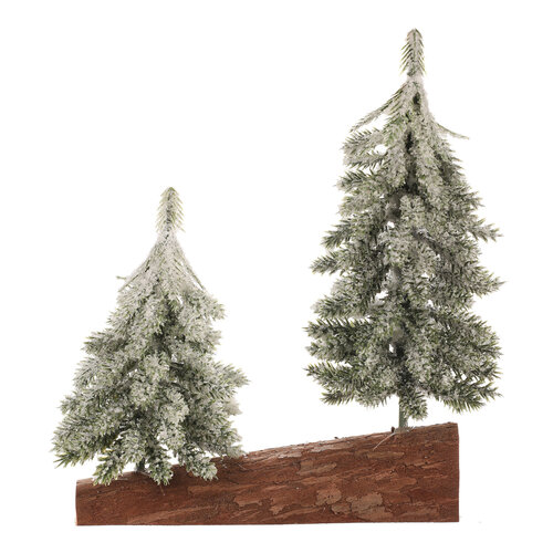 Karácsonyi hóval borított mini fák egy rönkön, 20 cm