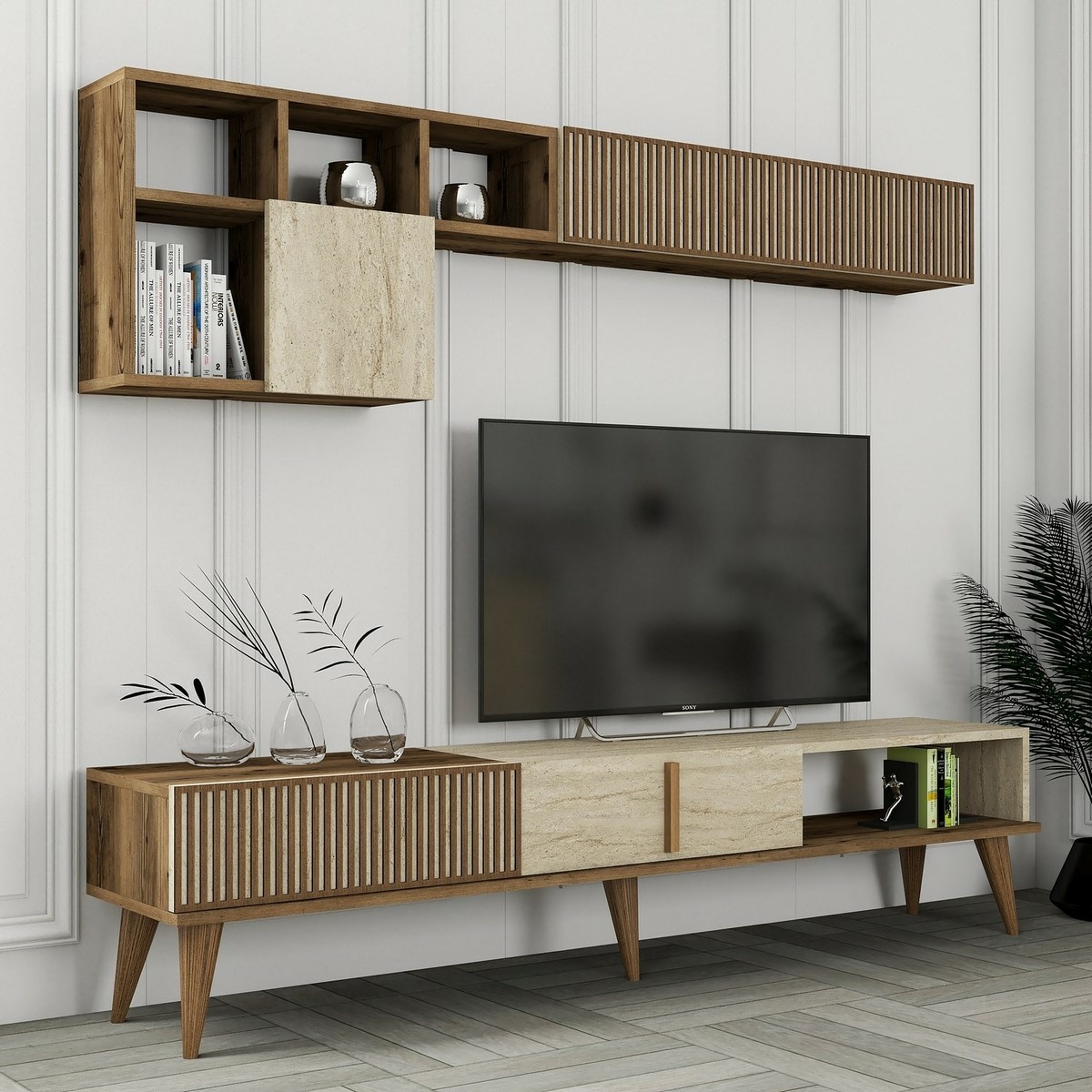 Televízna stena Milan Walnut and Travertine