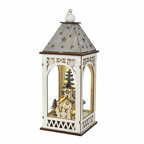 Drewniana latarnia z motywem świątecznym i oświetleniem LED, 11 x 29 cm, ciepła biel