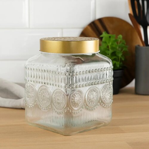 Altom Set of glass jars with golden lids Daisy 1.8l, 4 pcs