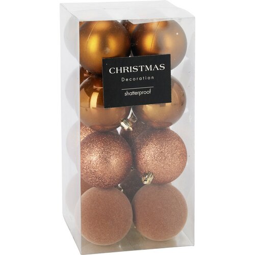 16 darabos karácsonyi díszkészlet FestiveSparkles, aranybarna, átmérő 6 cm, műanyag