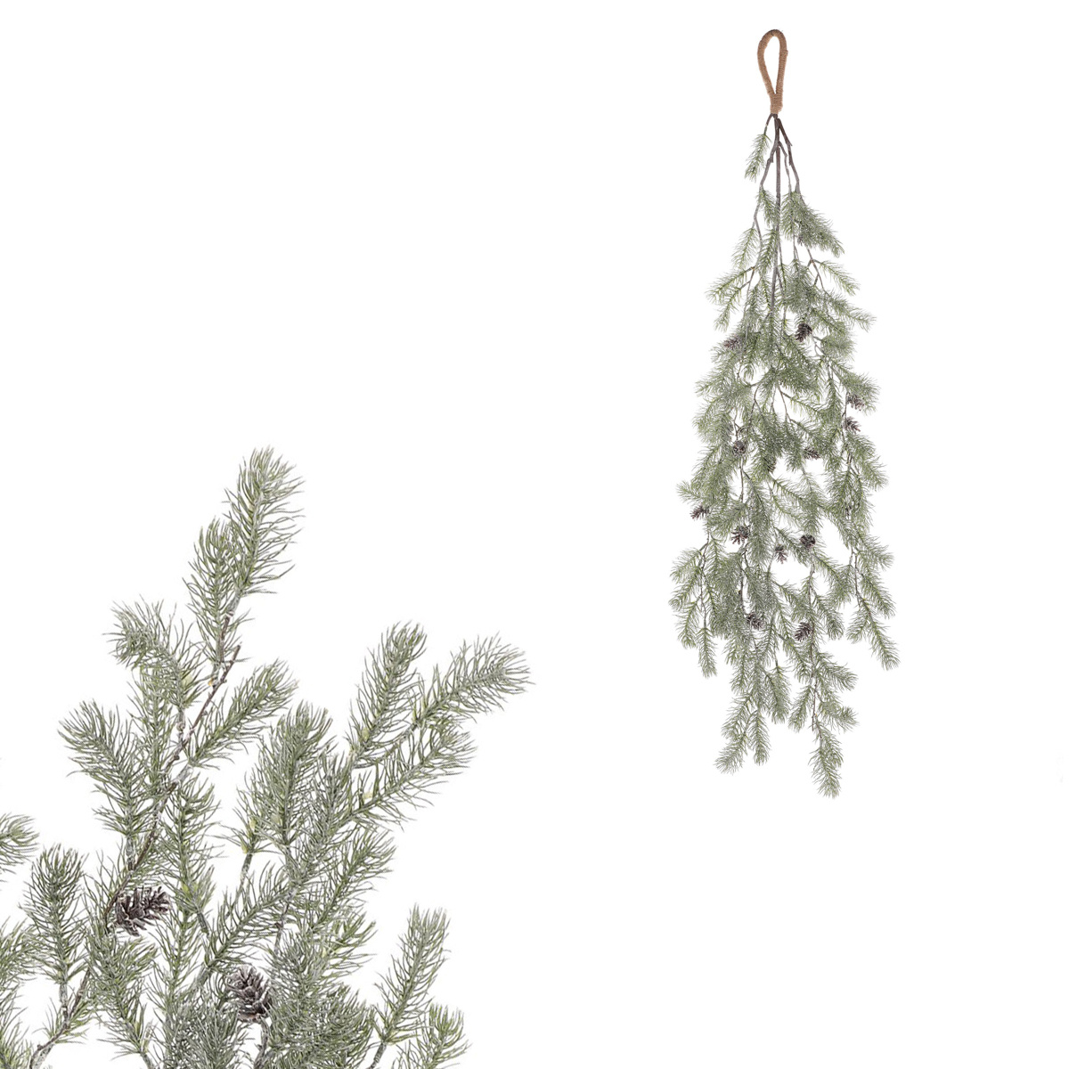 Umelá previsnutá smreková vetva so šiškami, 100 cm, srienistá