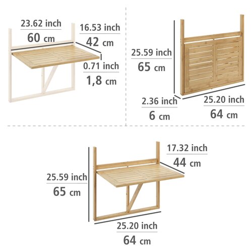 Wenko Măsuță suspendată pentru balcon din bambusWaikiki, 64 × 44 × 65 cm