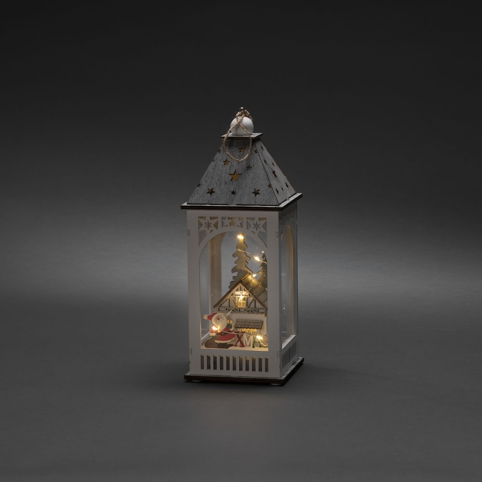 Felinar de lemn cu LED Căsuță, alb, 29 x 11 cm