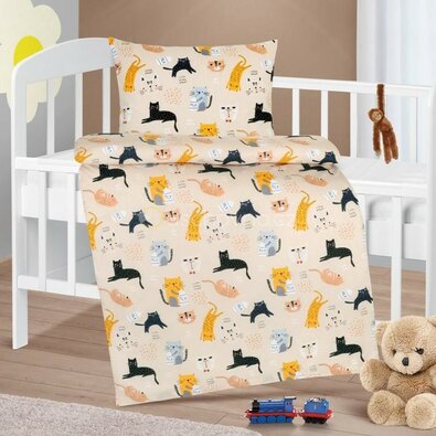 Bellatex Dziecięca pościel bawełniana do łóżeczka Agáta Kotki beżowy, 90 x 135 cm, 45 x 60 cm