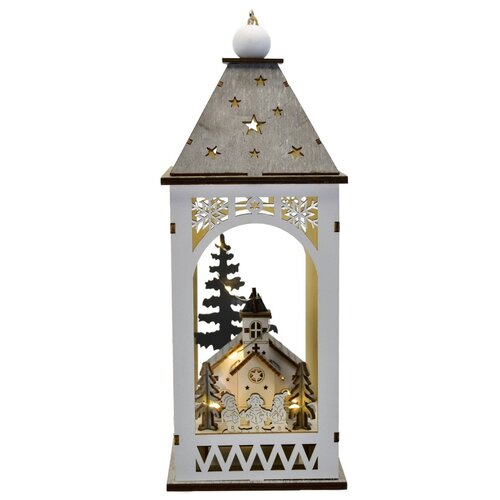 Drevený lampáš s vianočným motívom a LED osvetlením, 11 x 29 cm, teplá biela