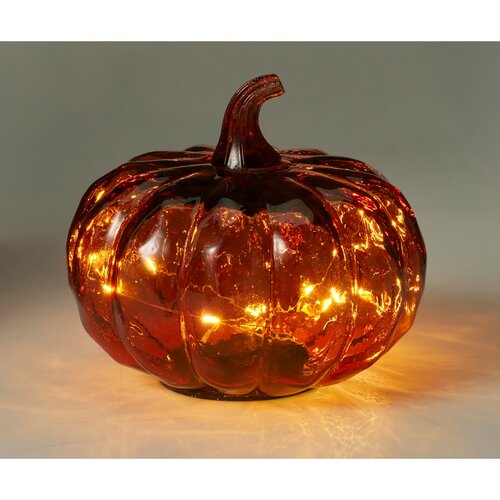 Dovleac luminos din sticlă 15 x 13 cm, roșu, 10LED-uri, cu baterii, temporizator