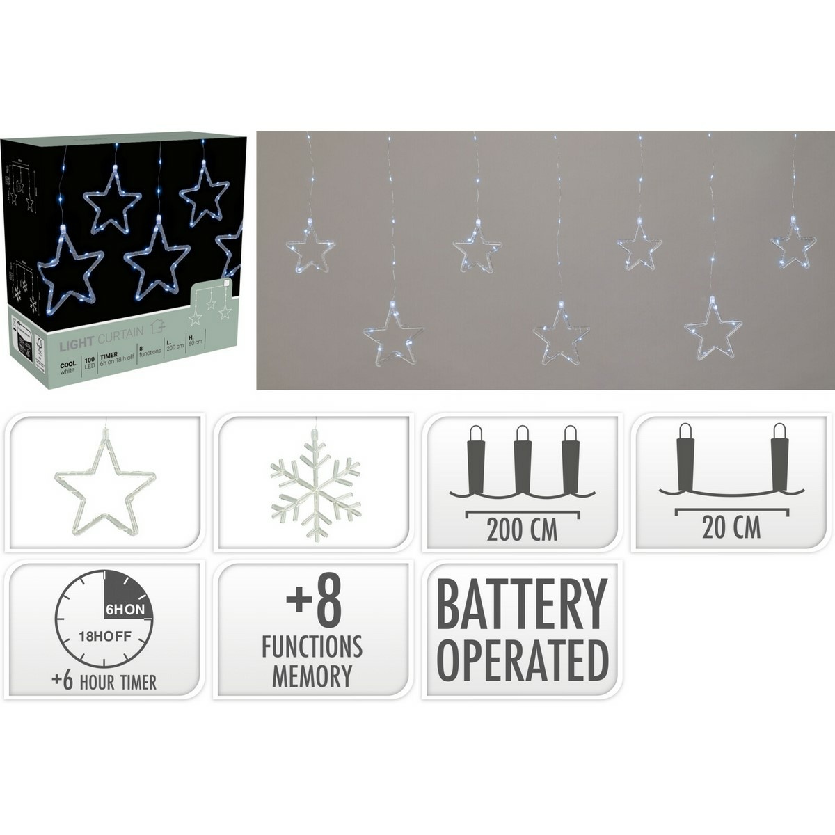 Produktové foto Světelný venkovní závěs Stars, 200x60cm, LED, studená bílá, časovač, 8 funkcí, na baterie, 200 cm