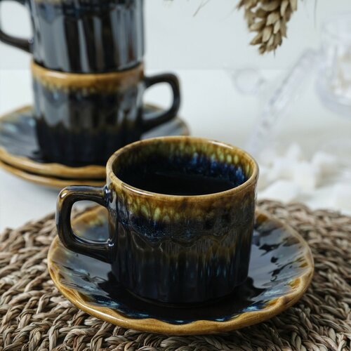 Set mit 6 Keramiktassen mit Untertassen Elementa 185 ml, Dunkelblau