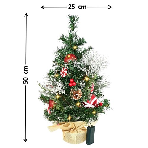 Díszített karácsonyfa világítással, 50 cm, 10 LED, meleg fehér